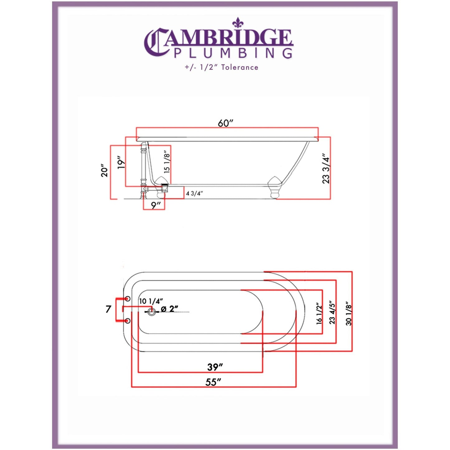 Cambridge Plumbing 60" White Cast Iron Rolled Rim Clawfoot Bathtub With Deck Holes With Brushed Nickel Feet