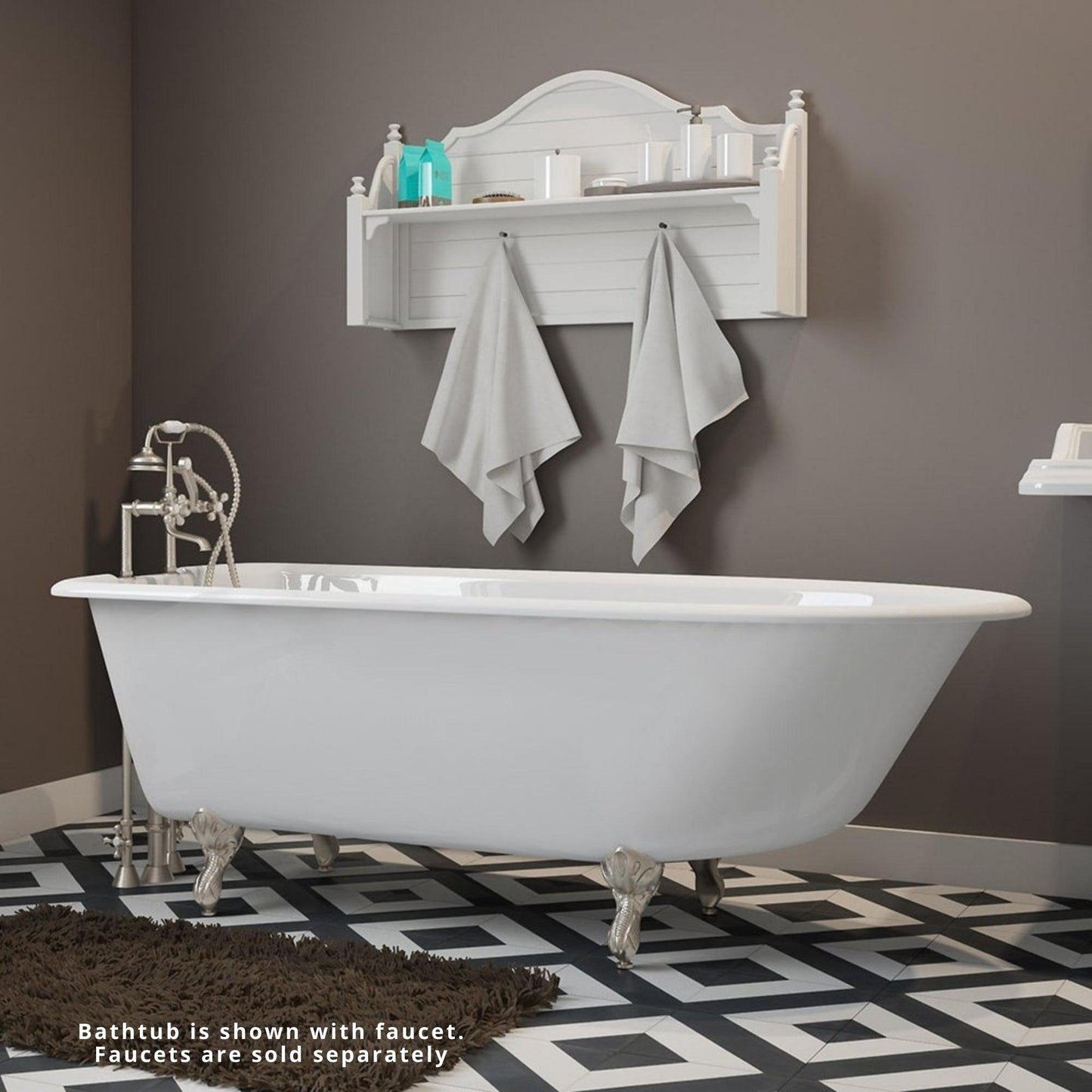 Cambridge Plumbing 60" White Cast Iron Rolled Rim Clawfoot Bathtub With Deck Holes With Brushed Nickel Feet