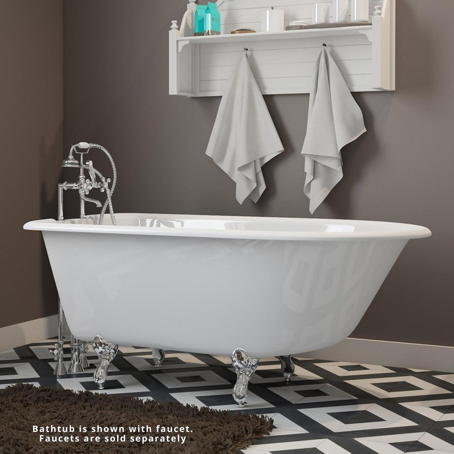 Cambridge Plumbing 60" White Cast Iron Rolled Rim Clawfoot Bathtub With Deck Holes With Polished Chrome Feet