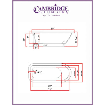 Cambridge Plumbing 60" White Cast Iron Rolled Rim Clawfoot Bathtub With No Faucet Holes With Brushed Nickel Feet