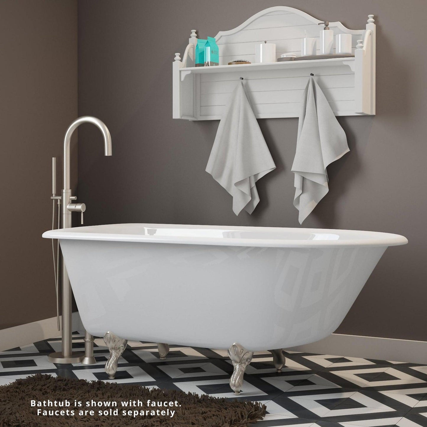 Cambridge Plumbing 60" White Cast Iron Rolled Rim Clawfoot Bathtub With No Faucet Holes With Brushed Nickel Feet