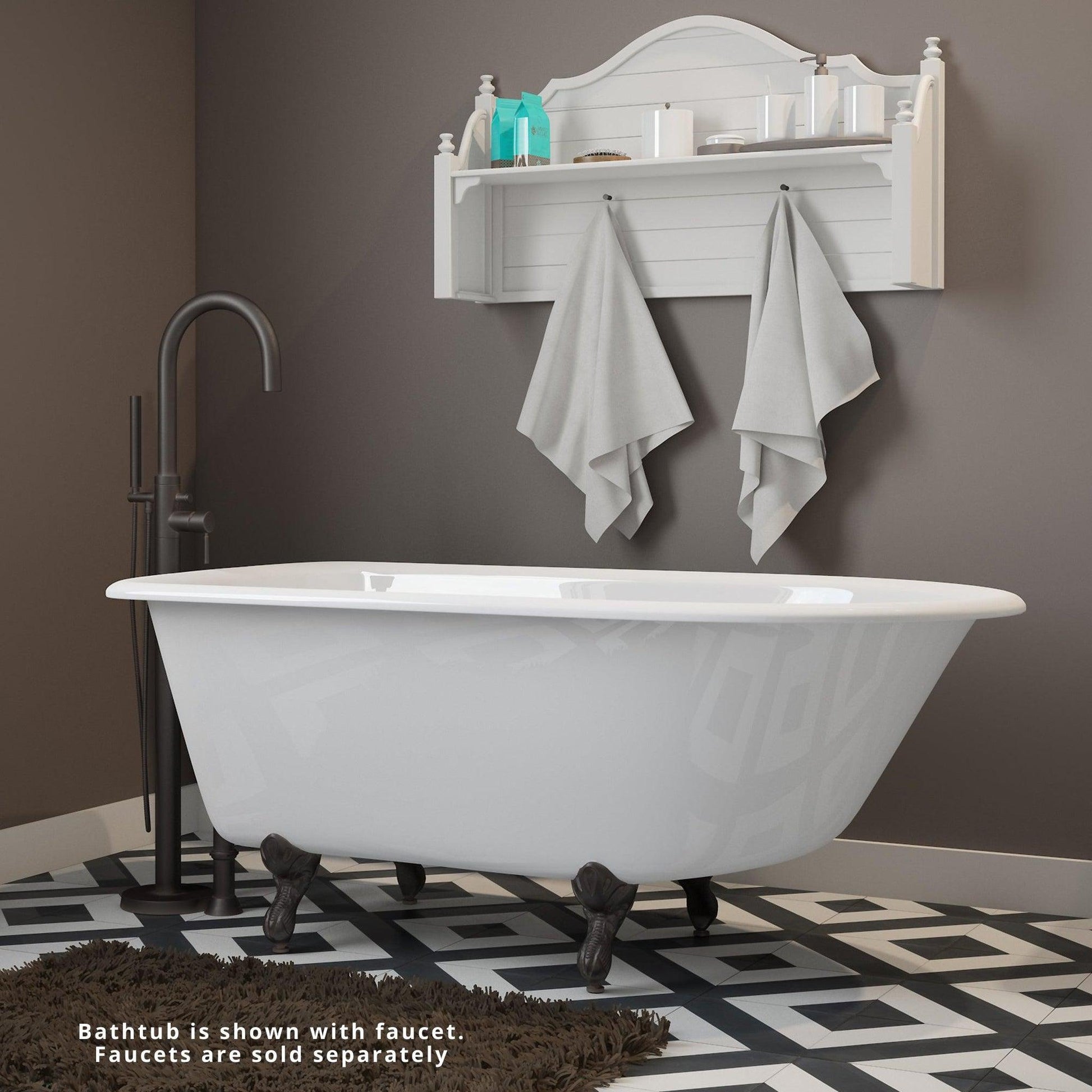 Cambridge Plumbing 60" White Cast Iron Rolled Rim Clawfoot Bathtub With No Faucet Holes With Oil Rubbed Bronze Feet