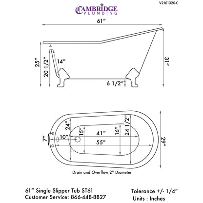 Cambridge Plumbing 61" Cast Iron Single Slipper Copper Bronze Clawfoot Bathtub With Deck Holes With Oil Rubbed Bronze Feet