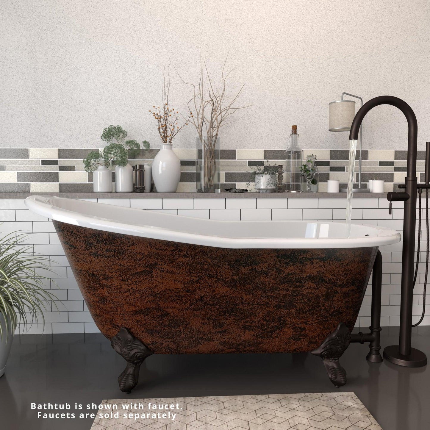 Cambridge Plumbing 61" Cast Iron Single Slipper Copper Bronze Clawfoot Bathtub With No Faucet Holes With Oil Rubbed Bronze Feet