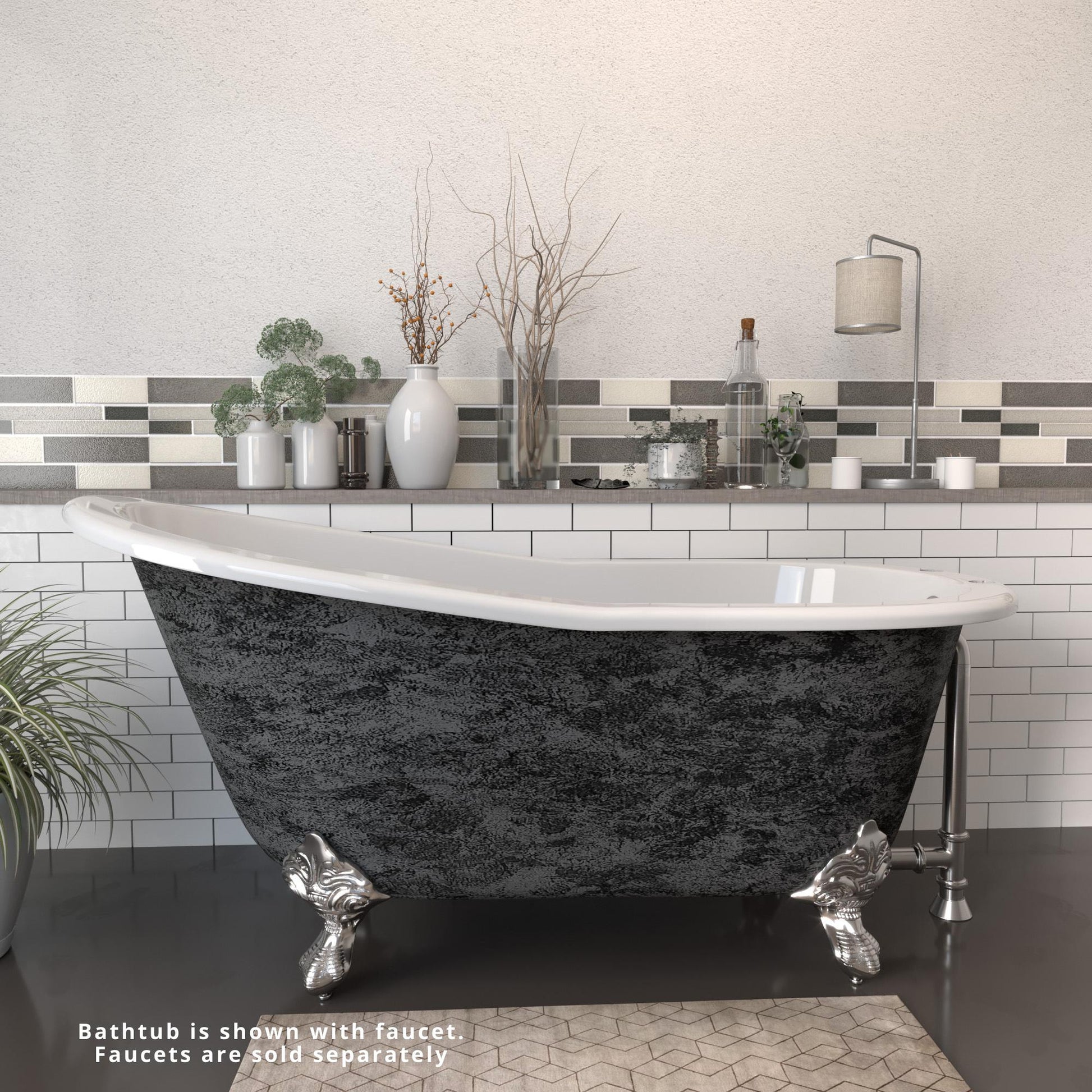 Cambridge Plumbing 61" Cast Iron Single Slipper Scorched Platinum Clawfoot Bathtub With Deck Holes With Brushed Nickel Feet