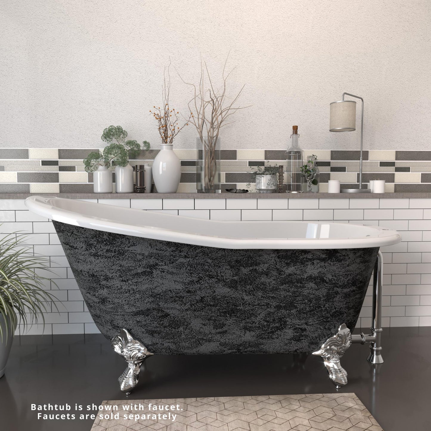 Cambridge Plumbing 61" Cast Iron Single Slipper Scorched Platinum Clawfoot Bathtub With Deck Holes With Polished Chrome Feet