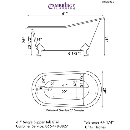 Cambridge Plumbing 61" Cast Iron Single Slipper Scorched Platinum Clawfoot Bathtub With No Faucet Holes With Polished Chrome Feet