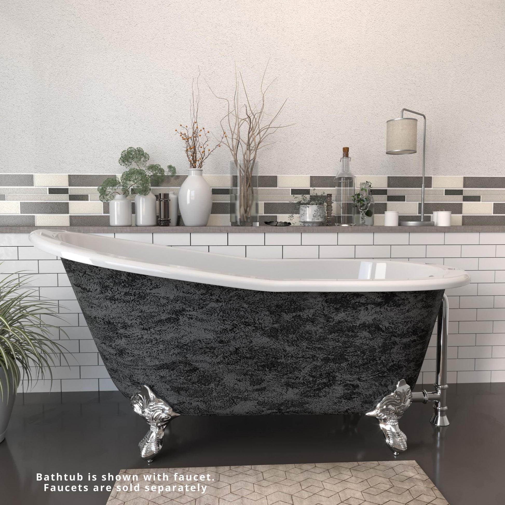 Cambridge Plumbing 61" Cast Iron Single Slipper Scorched Platinum Clawfoot Bathtub With No Faucet Holes With Polished Chrome Feet