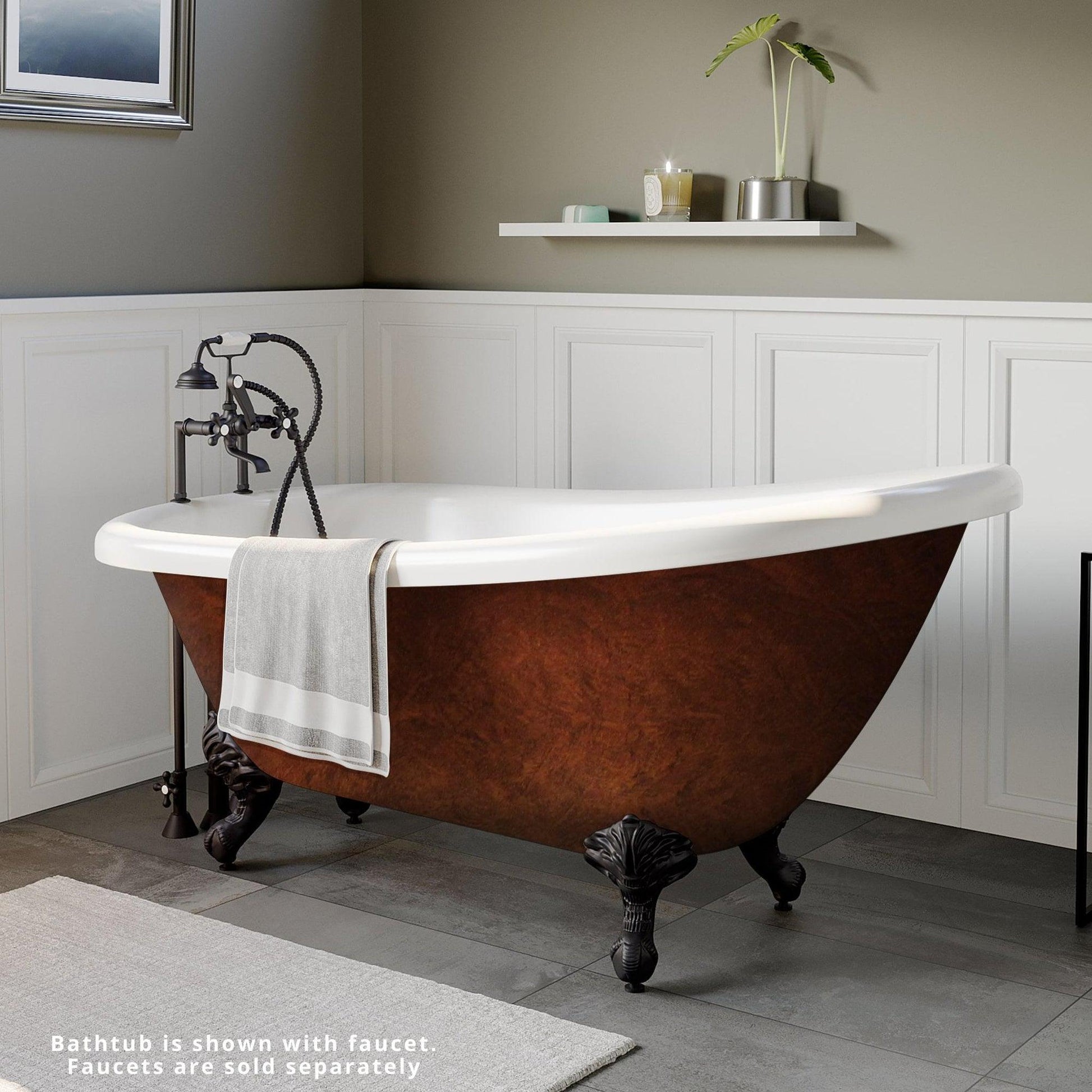 Cambridge Plumbing 61" Hand Painted Copper Bronze Single Slipper Clawfoot Bathtub With Deck Holes With Oil Rubbed Bronze Feet