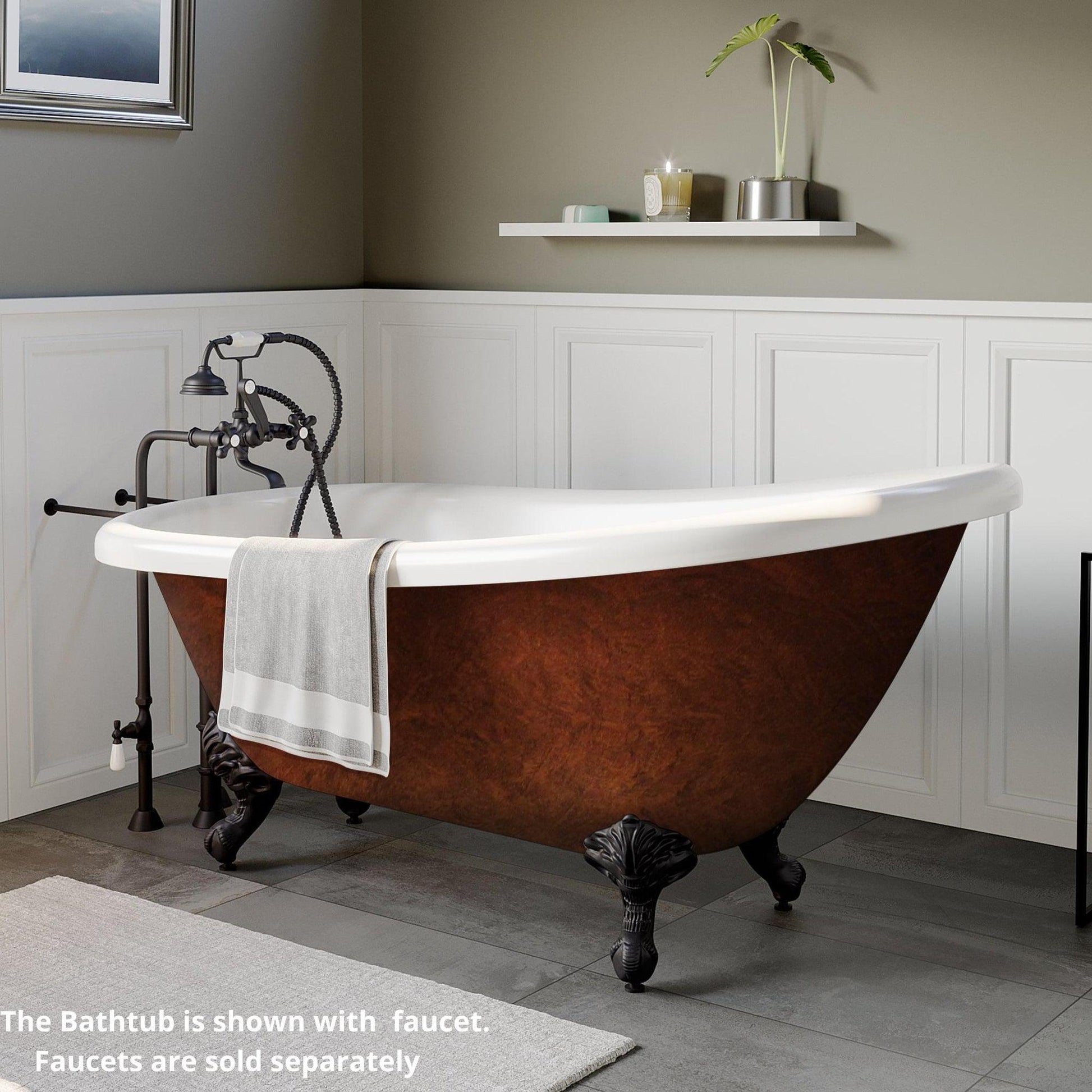 Cambridge Plumbing 61" Hand Painted Copper Bronze Single Slipper Clawfoot Bathtub With No Faucet Holes With Oil Rubbed Bronze Feet
