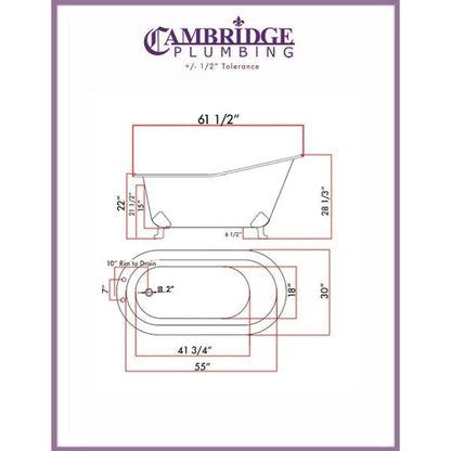 Cambridge Plumbing 61" Hand Painted Scorched Platinum Single Slipper Clawfoot Bathtub With Deck Holes And Brushed Nickel Feet