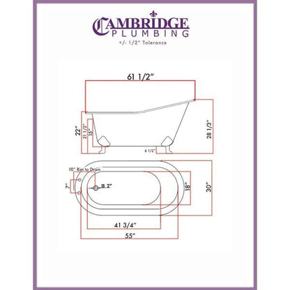 Cambridge Plumbing 61" Hand Painted Scorched Platinum Single Slipper Clawfoot Bathtub With Deck Holes And Polished Chrome Feet