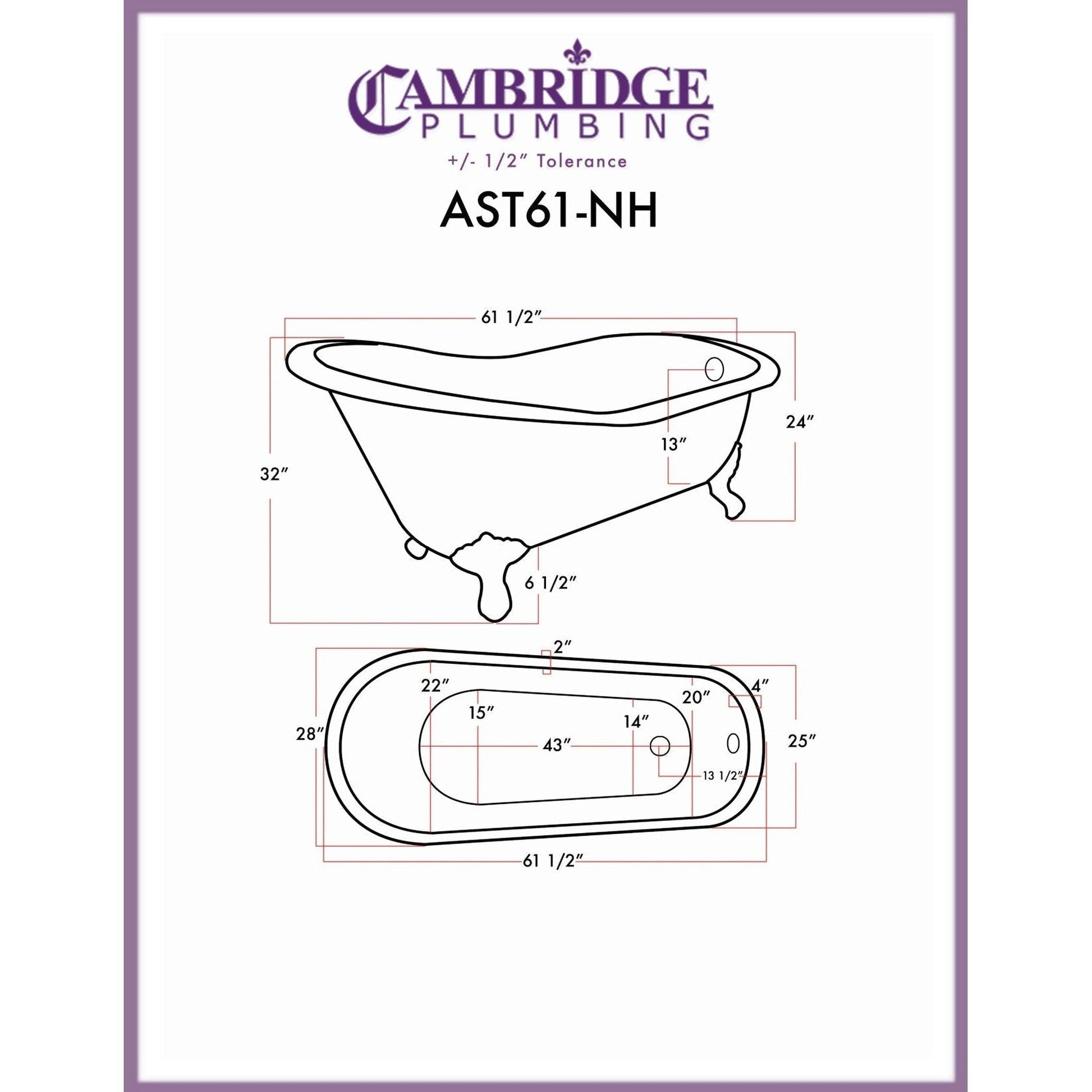 Cambridge Plumbing 61" Hand Painted Scorched Platinum Single Slipper Clawfoot Bathtub With No Faucet Holes With Brushed Nickel Feet