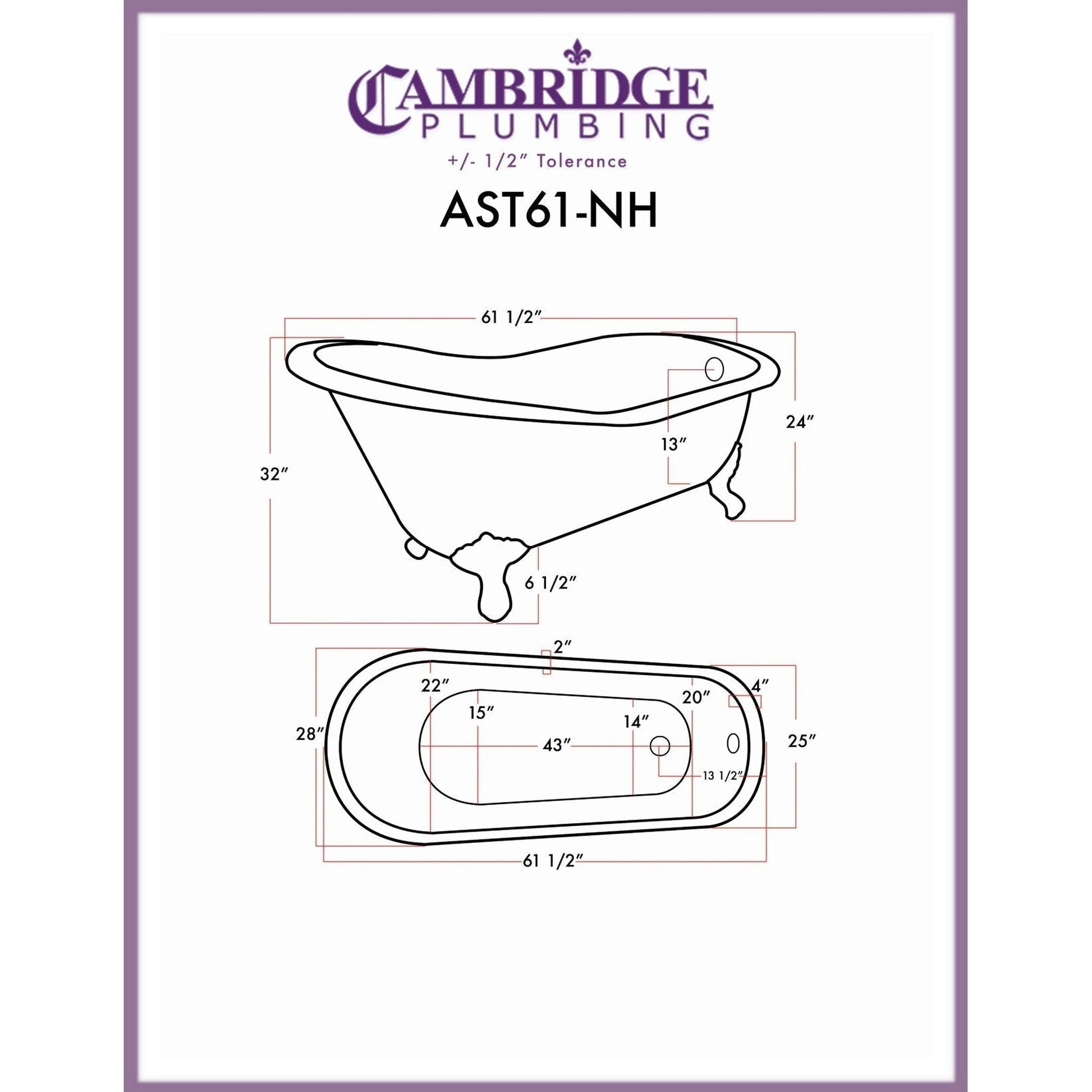 Cambridge Plumbing 61" Hand Painted Scorched Platinum Single Slipper Clawfoot Bathtub With No Faucet Holes With Polished Chrome Feet