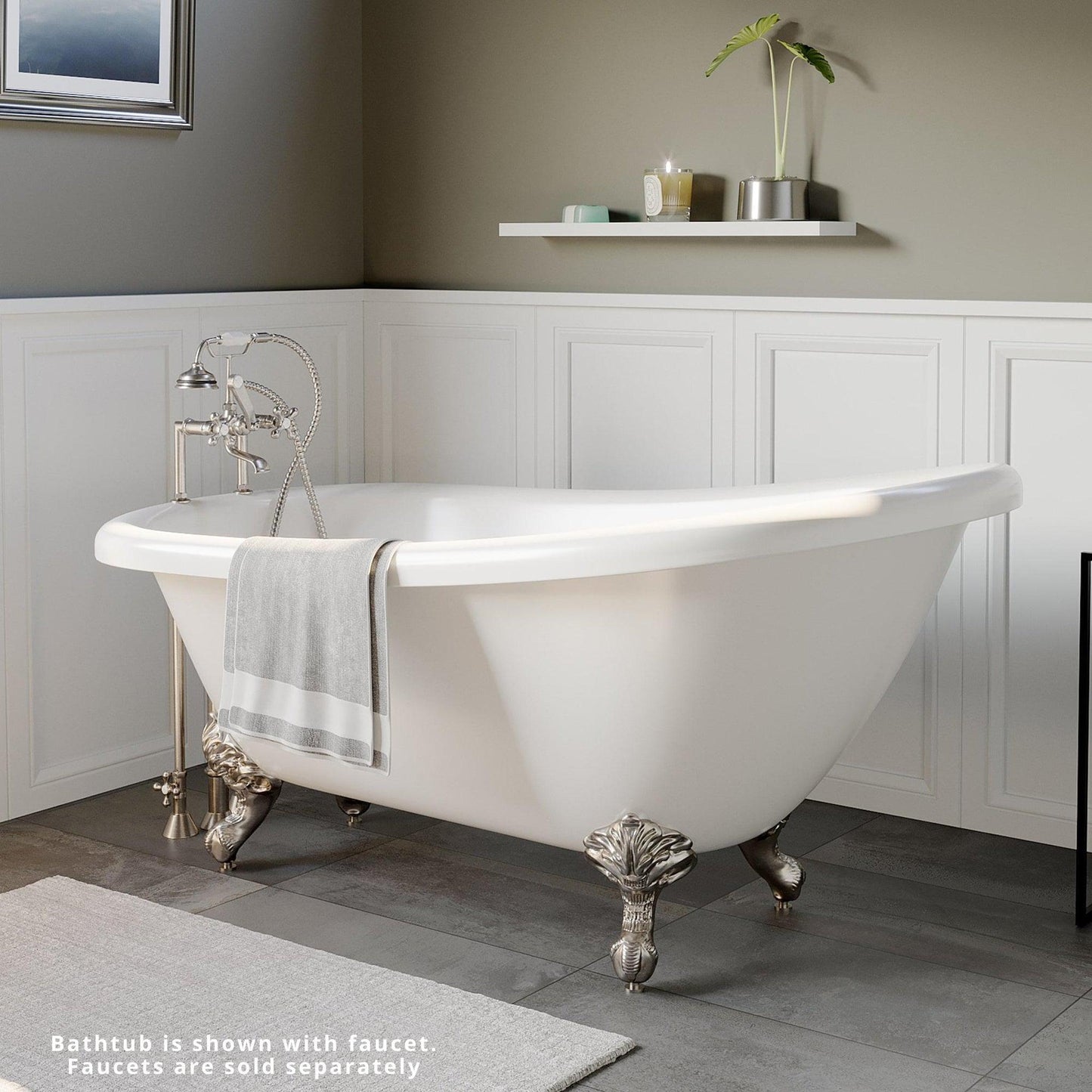 Cambridge Plumbing 61" White Acrylic Single Slipper Bathtub With Deck Holes With Brushed Nickel Clawfeet