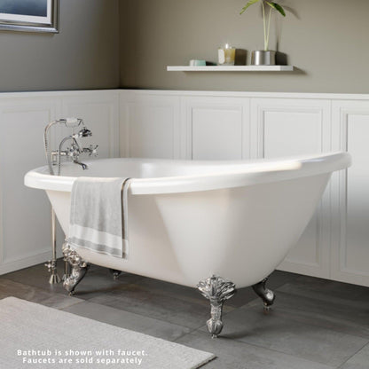 Cambridge Plumbing 61" White Acrylic Single Slipper Bathtub With Deck Holes With Polished Chrome Clawfeet