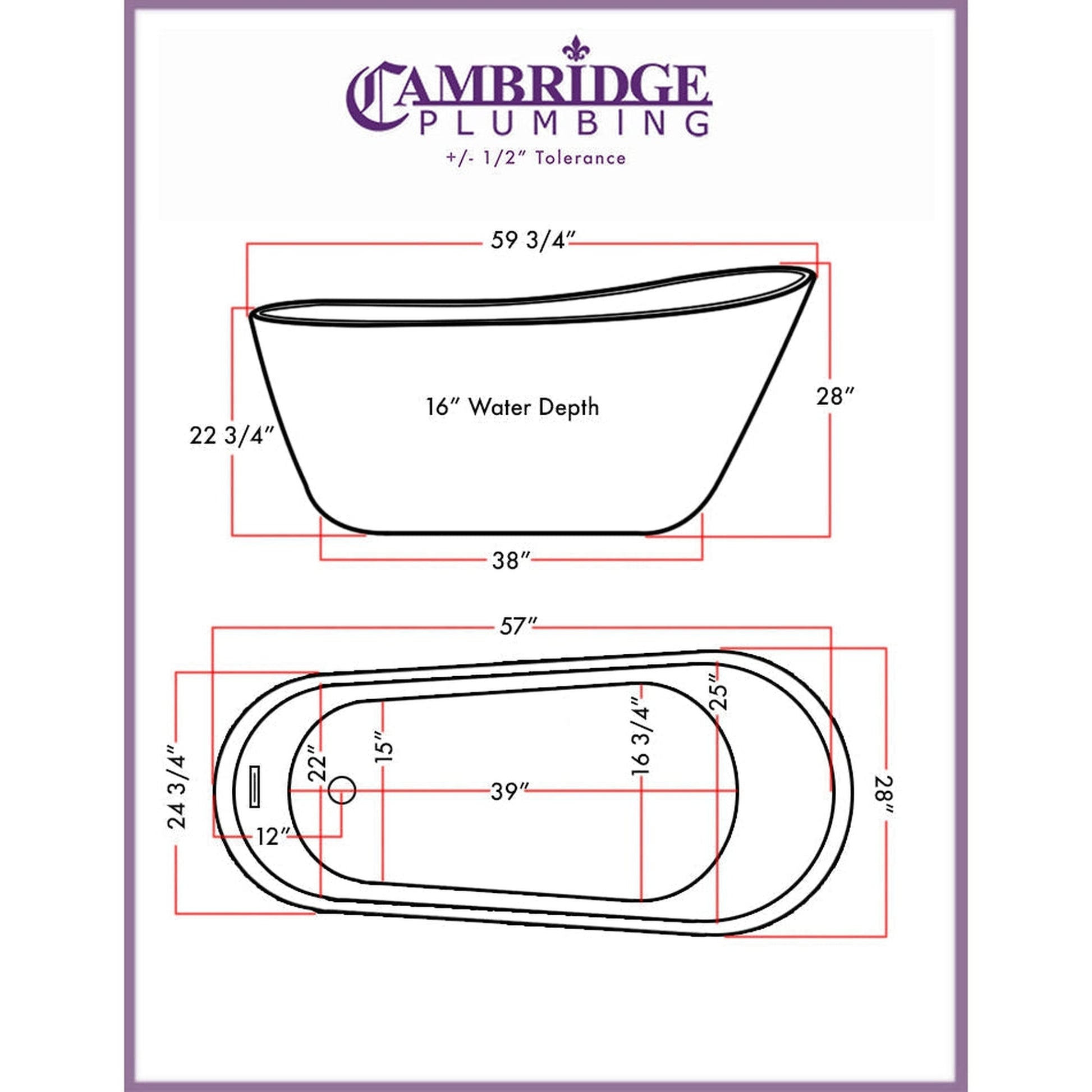 Cambridge Plumbing 61" White Acrylic Single Slipper Bathtub With No Faucet Holes