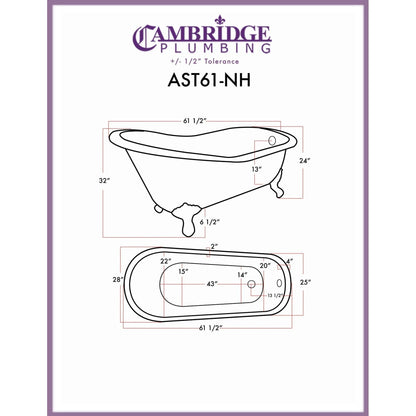Cambridge Plumbing 61" White Acrylic Single Slipper Bathtub With No Faucet Holes With Brushed Nickel Clawfeet