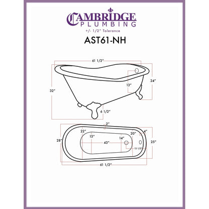 Cambridge Plumbing 61" White Acrylic Single Slipper Bathtub With No Faucet Holes With Oil Rubbed Bronze Clawfeet