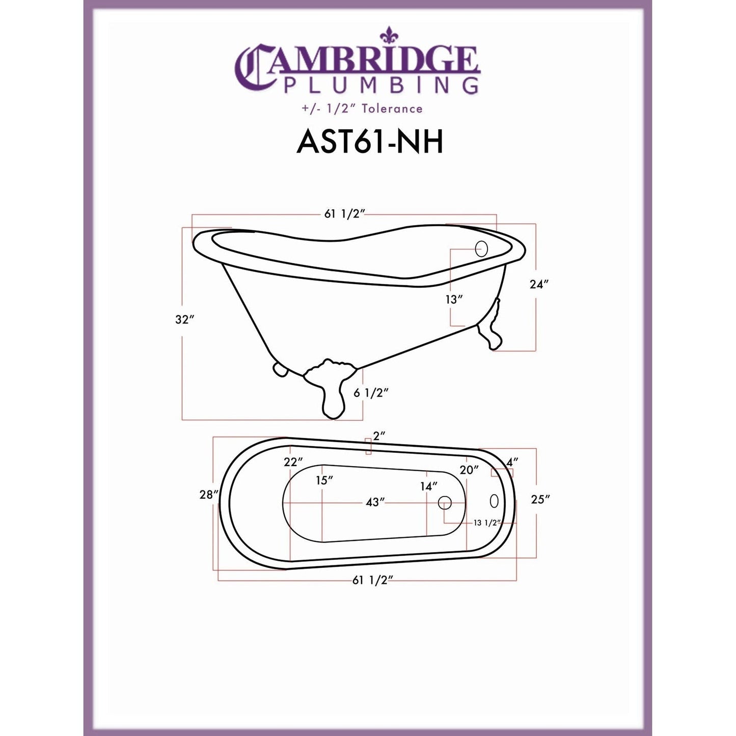 Cambridge Plumbing 61" White Acrylic Single Slipper Bathtub With No Faucet Holes With Polished Chrome Clawfeet