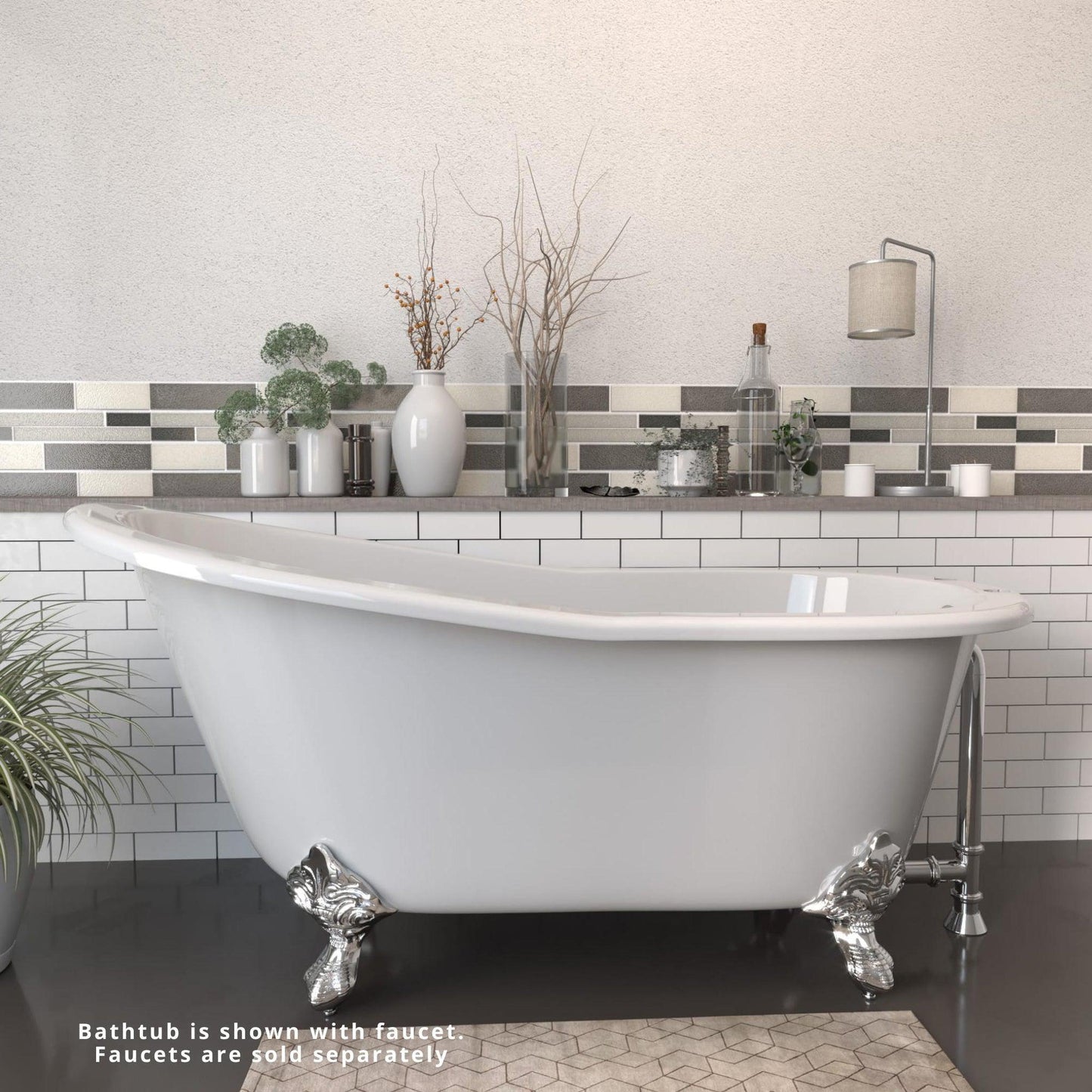 Cambridge Plumbing 61" White Cast Iron Clawfoot Bathtub With Deck Holes With Polished Chrome Feet
