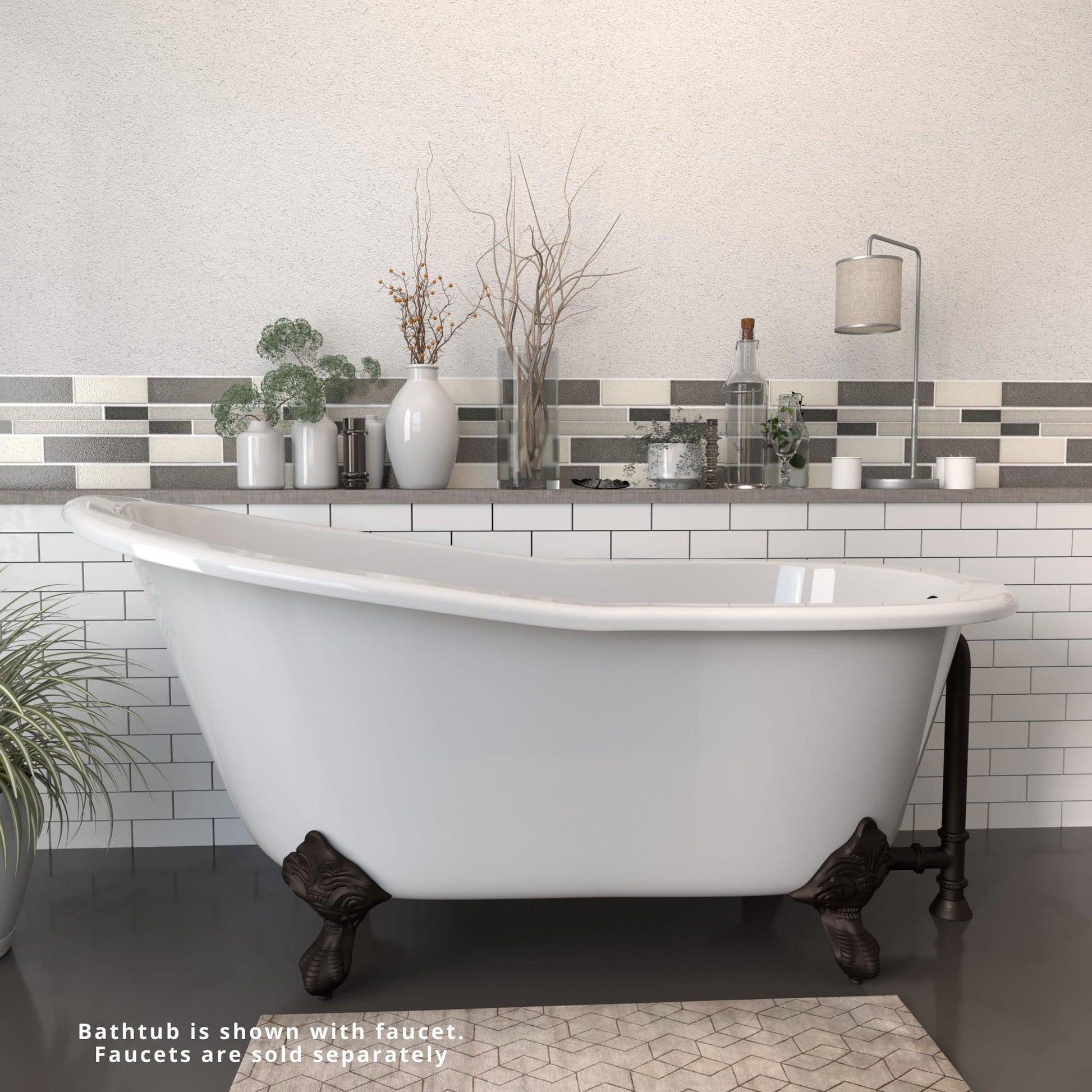 Cambridge Plumbing 61" White Cast Iron Clawfoot Bathtub With No Faucet Holes With Oil Rubbed Bronze Feet