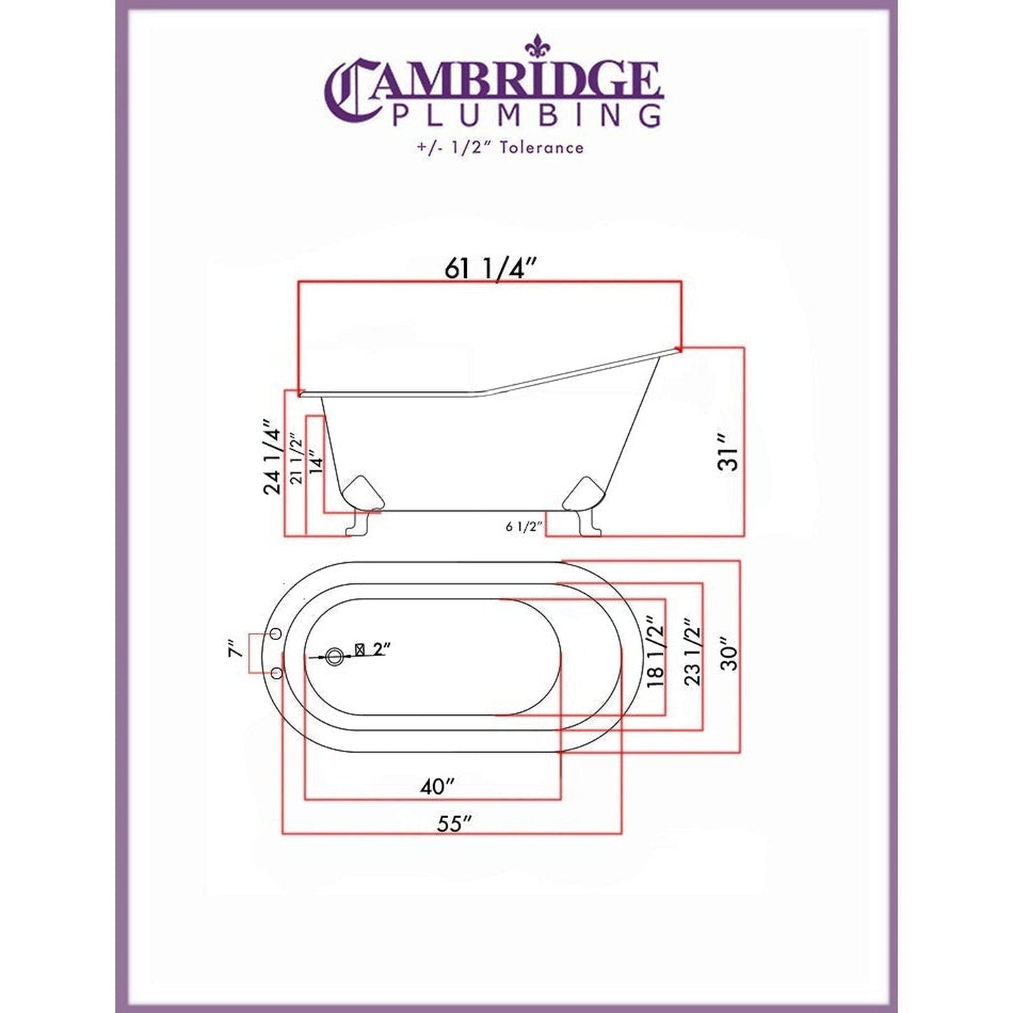 Cambridge Plumbing 61" Wide White Acrylic Single Slipper Bathtub With Deck Holes With Brushed Nickel Feet