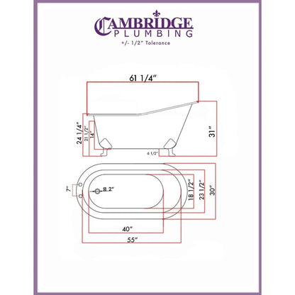 Cambridge Plumbing 61" Wide White Acrylic Single Slipper Bathtub With Deck Holes With Oil Rubbed Bronze Feet