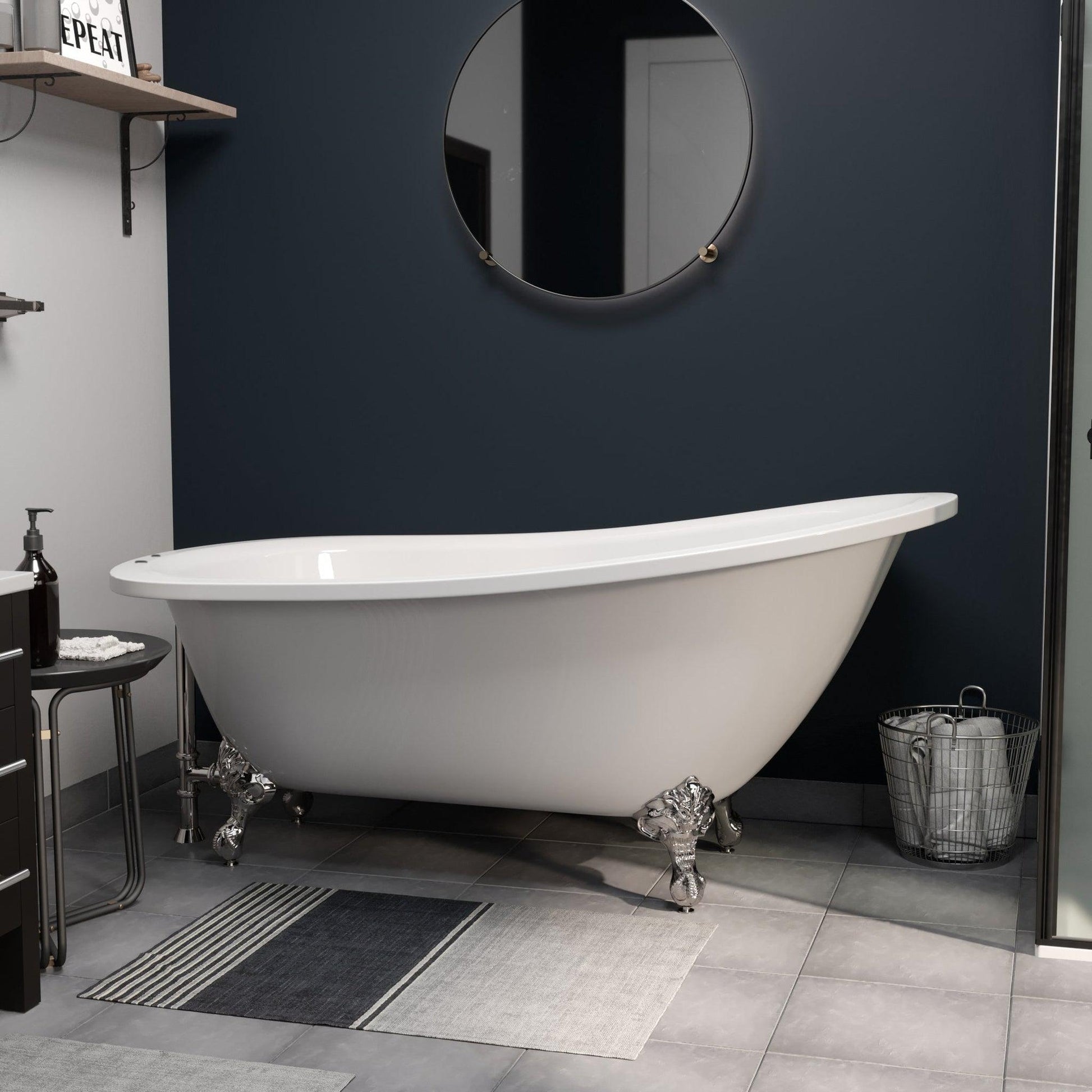 Cambridge Plumbing 61" Wide White Acrylic Single Slipper Bathtub With Deck Holes With Polished Chrome Feet
