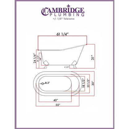 Cambridge Plumbing 61" Wide White Acrylic Single Slipper Bathtub With No Faucet Holes With Brushed Nickel Feet