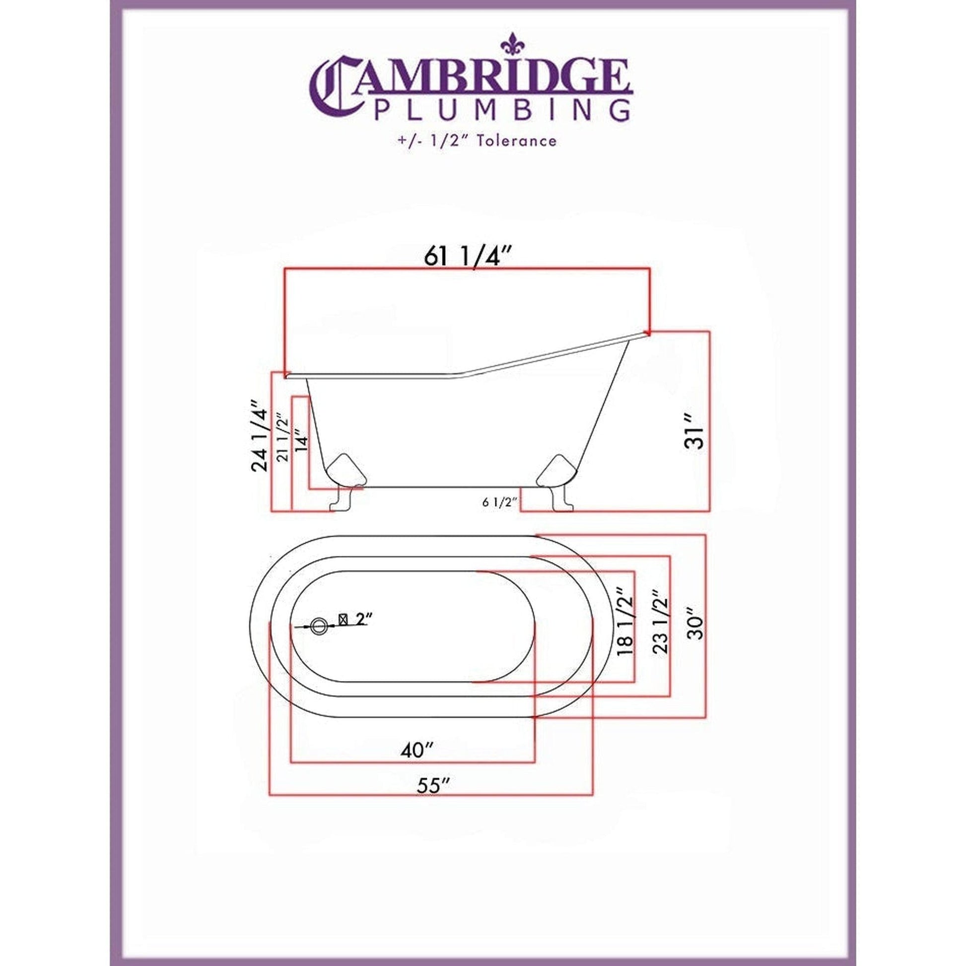 Cambridge Plumbing 61" Wide White Acrylic Single Slipper Bathtub With No Faucet Holes With Polished Chrome Feet