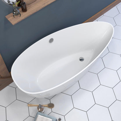 Cambridge Plumbing 62" White Mineral Composite Double Ended Pedestal Bathtub With No Faucet Holes With Polished Chrome Drain And Overflow Assembly