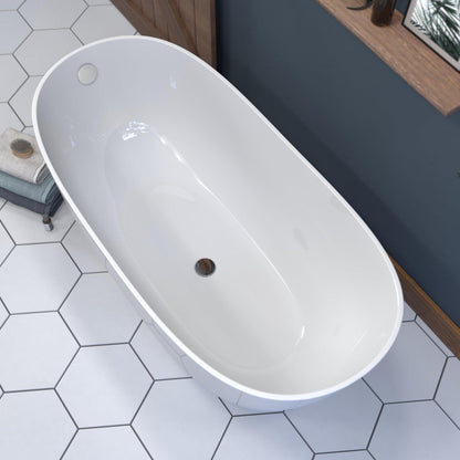 Cambridge Plumbing 62" White Mineral Composite Double Slipper Pedestal Bathtub With No Faucet Holes And Polished Chrome Drain And Overflow Assembly