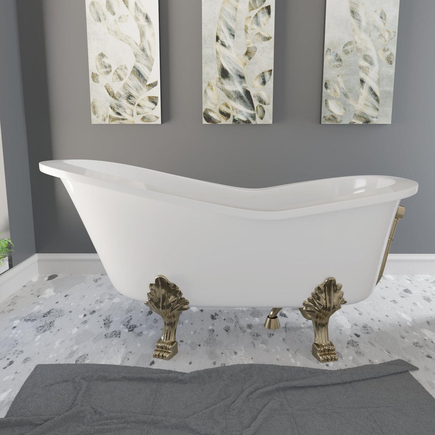 Cambridge Plumbing 62" White Mineral Composite Single Slipper Bathtub With No Deck Holes And Antique Brass Lion Paw Feet
