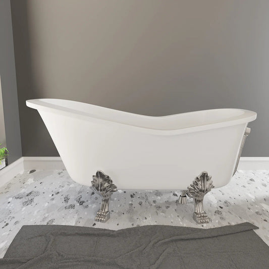 Cambridge Plumbing 62" White Mineral Composite Single Slipper Bathtub With No Deck Holes And Brushed Nickel Lion Paw Feet