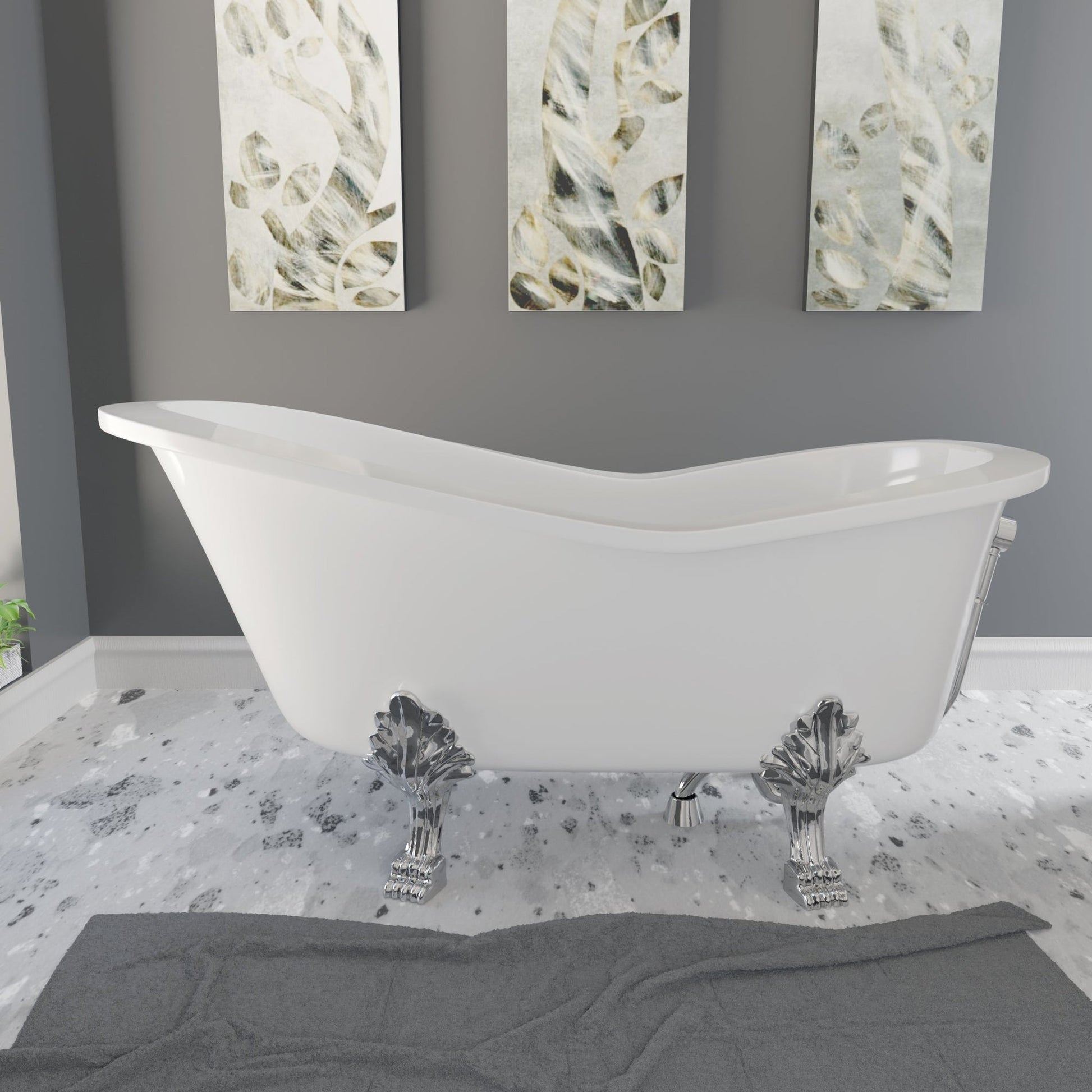 Cambridge Plumbing 62" White Mineral Composite Single Slipper Bathtub With No Deck Holes And Polished Chrome Lion Paw Feet