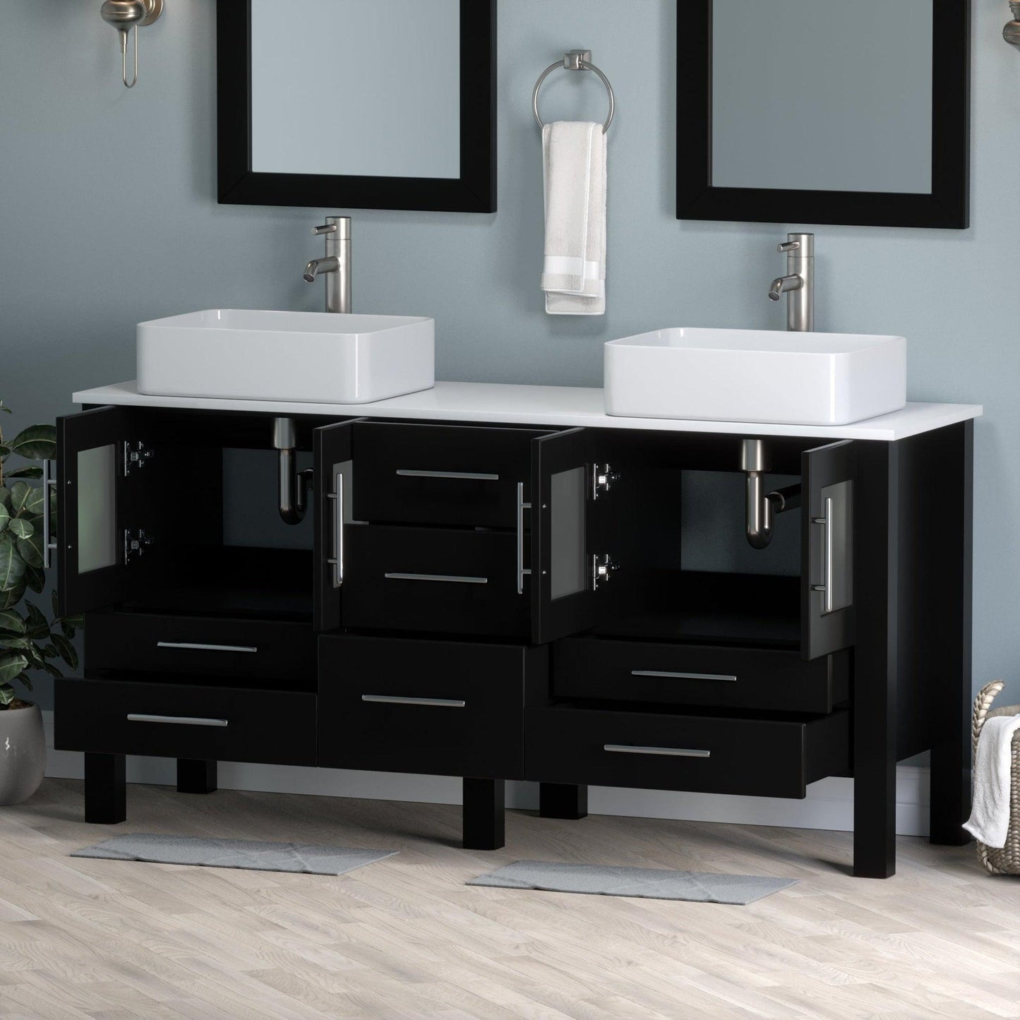 Cambridge Plumbing 63" Black Espresso Wood Double Vanity Set With Porcelain Countertop And Rectangular Vessel Sink With Brushed Nickel Plumbing Finish