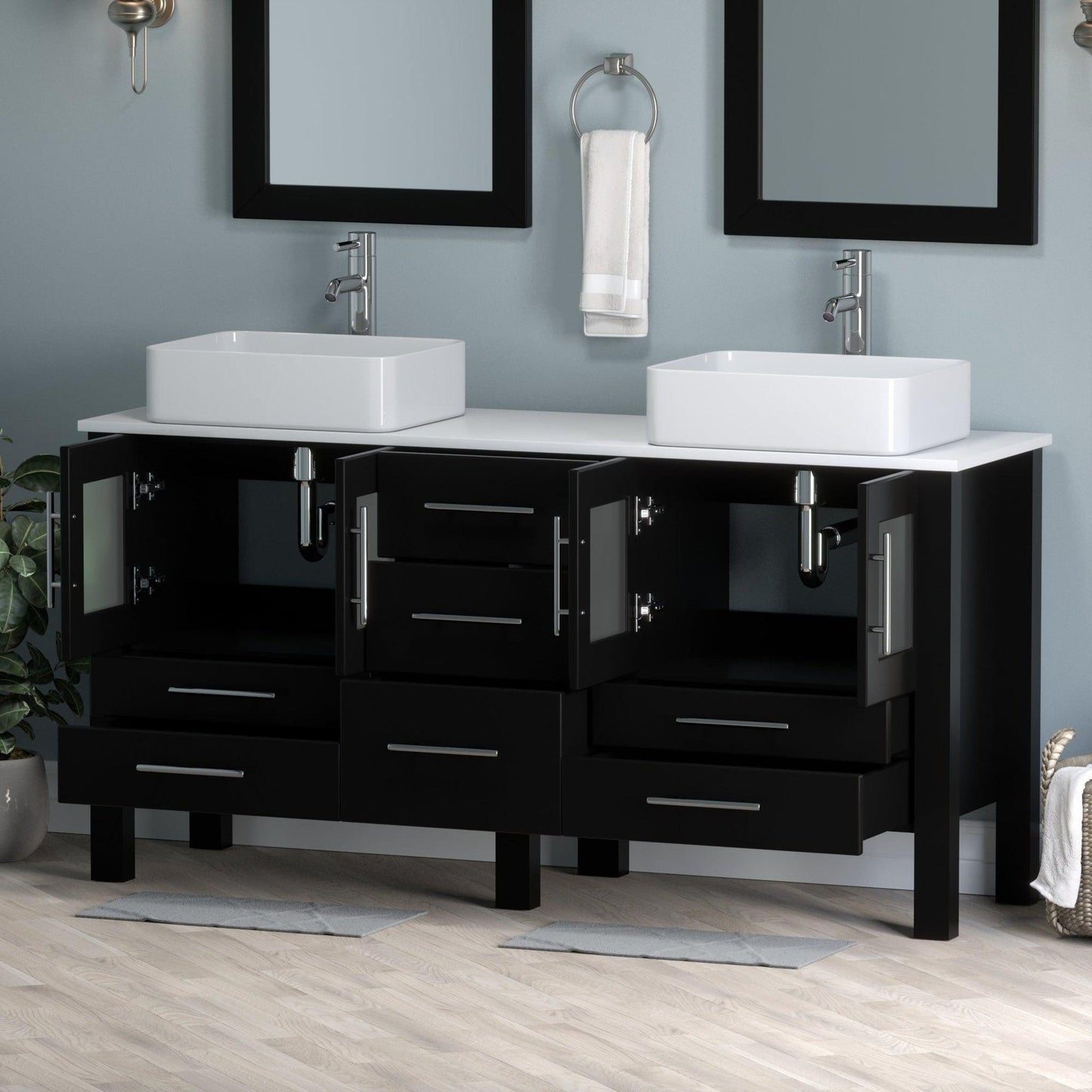 Cambridge Plumbing 63" Black Espresso Wood Double Vanity Set With Porcelain Countertop And Rectangular Vessel Sink With Polished Chrome Plumbing Finish