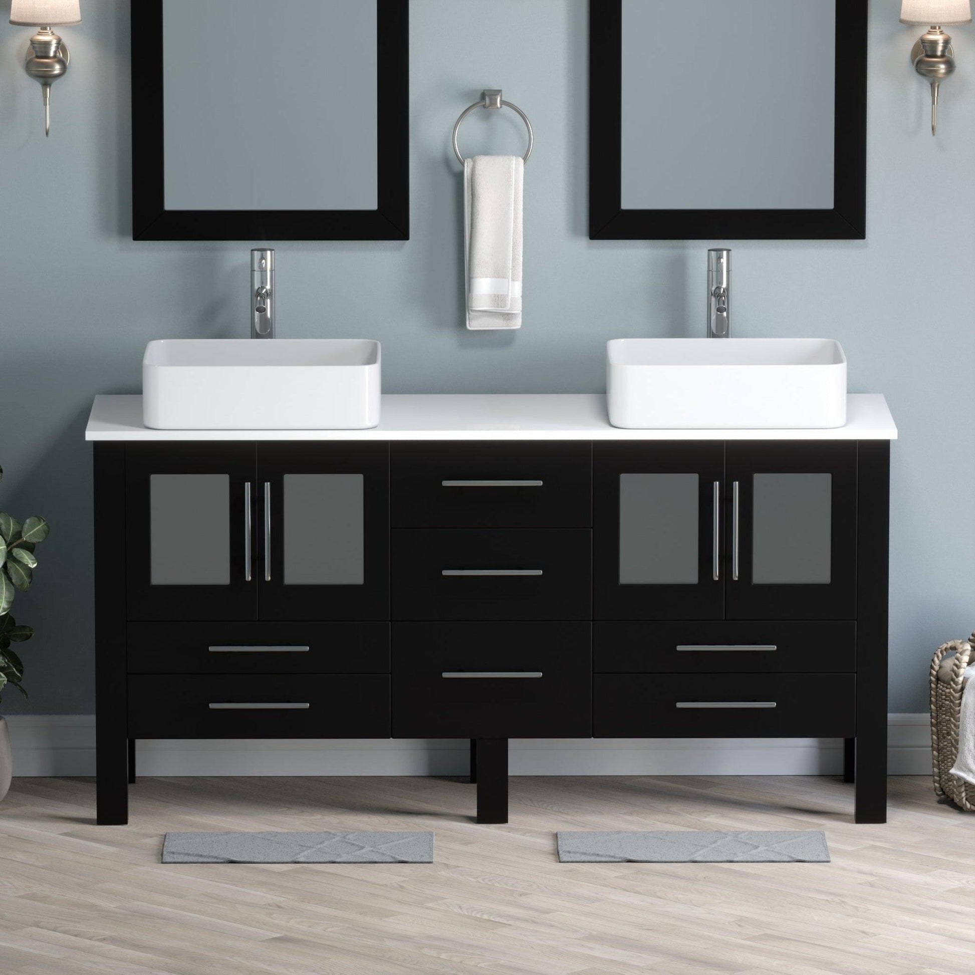 Cambridge Plumbing 63" Black Espresso Wood Double Vanity Set With Porcelain Countertop And Rectangular Vessel Sink With Polished Chrome Plumbing Finish