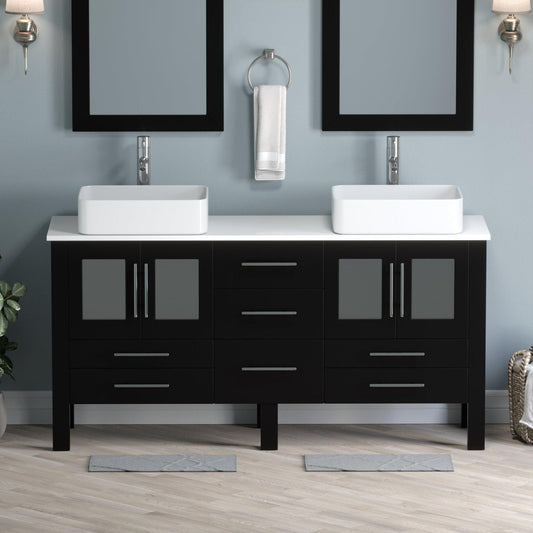 Cambridge Plumbing 63" Black Espresso Wood Double Vanity Set With Porcelain Countertop And Rectangular Vessel Sink With Polished Chrome Plumbing Finish