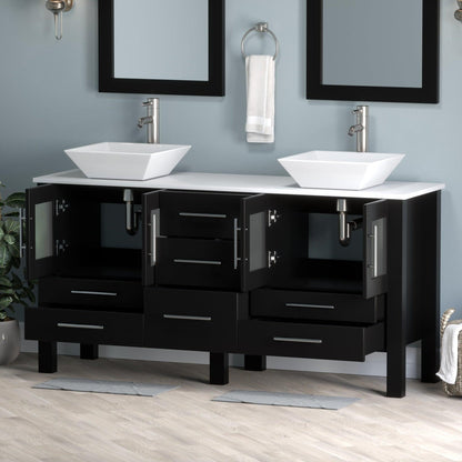 Cambridge Plumbing 63" Black Espresso Wood Double Vanity Set With Porcelain Countertop And Square Vessel Sink With Brushed Nickel Plumbing Finish