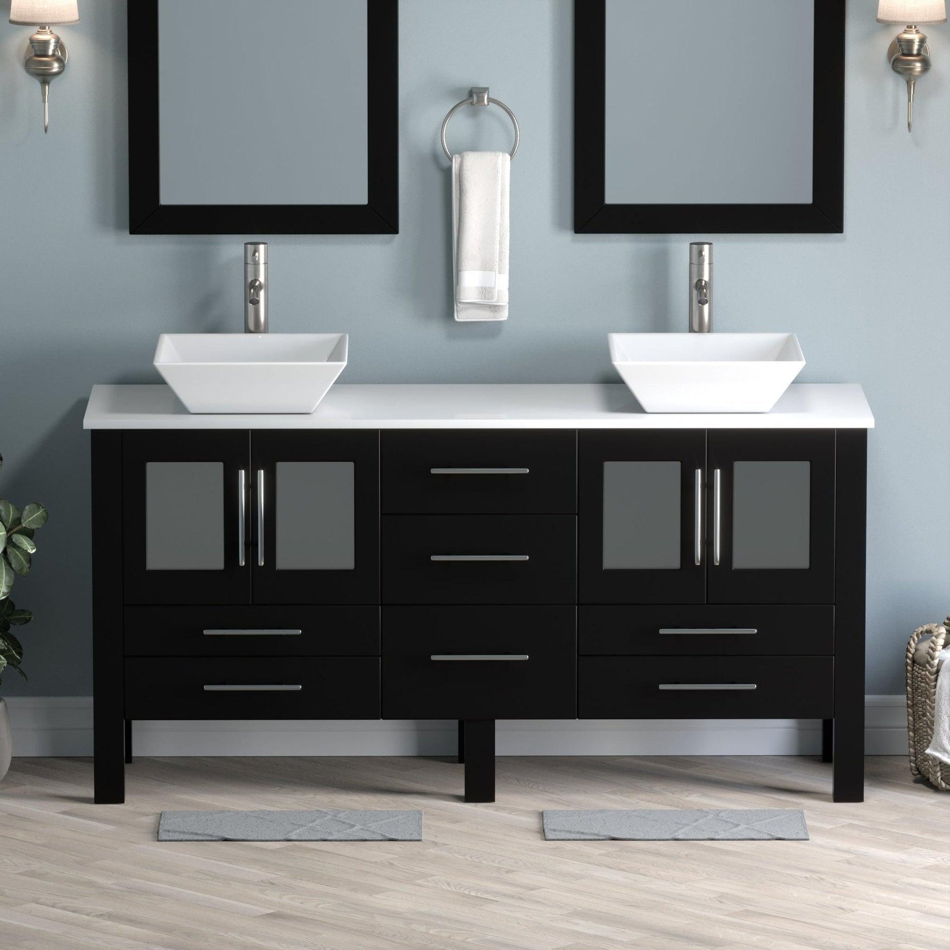 Cambridge Plumbing 63" Black Espresso Wood Double Vanity Set With Porcelain Countertop And Square Vessel Sink With Brushed Nickel Plumbing Finish