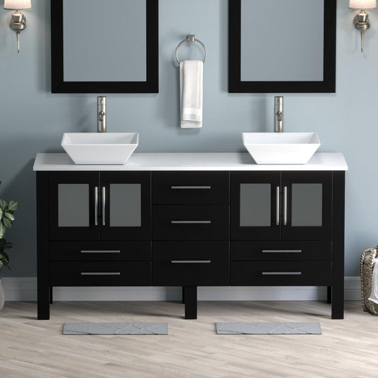 Cambridge Plumbing 63" Black Espresso Wood Double Vanity Set With Porcelain Countertop And Square Vessel Sink With Brushed Nickel Plumbing Finish