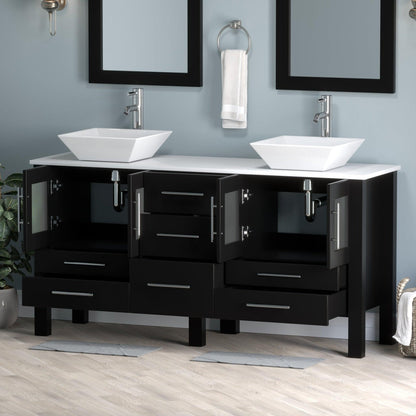 Cambridge Plumbing 63" Black Espresso Wood Double Vanity Set With Porcelain Countertop And Square Vessel Sink With Polished Chrome Plumbing Finish