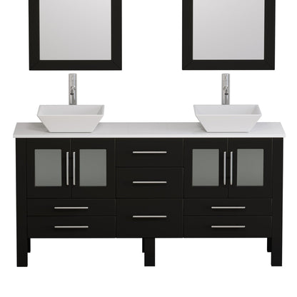 Cambridge Plumbing 63" Black Espresso Wood Double Vanity Set With Porcelain Countertop And Square Vessel Sink With Polished Chrome Plumbing Finish