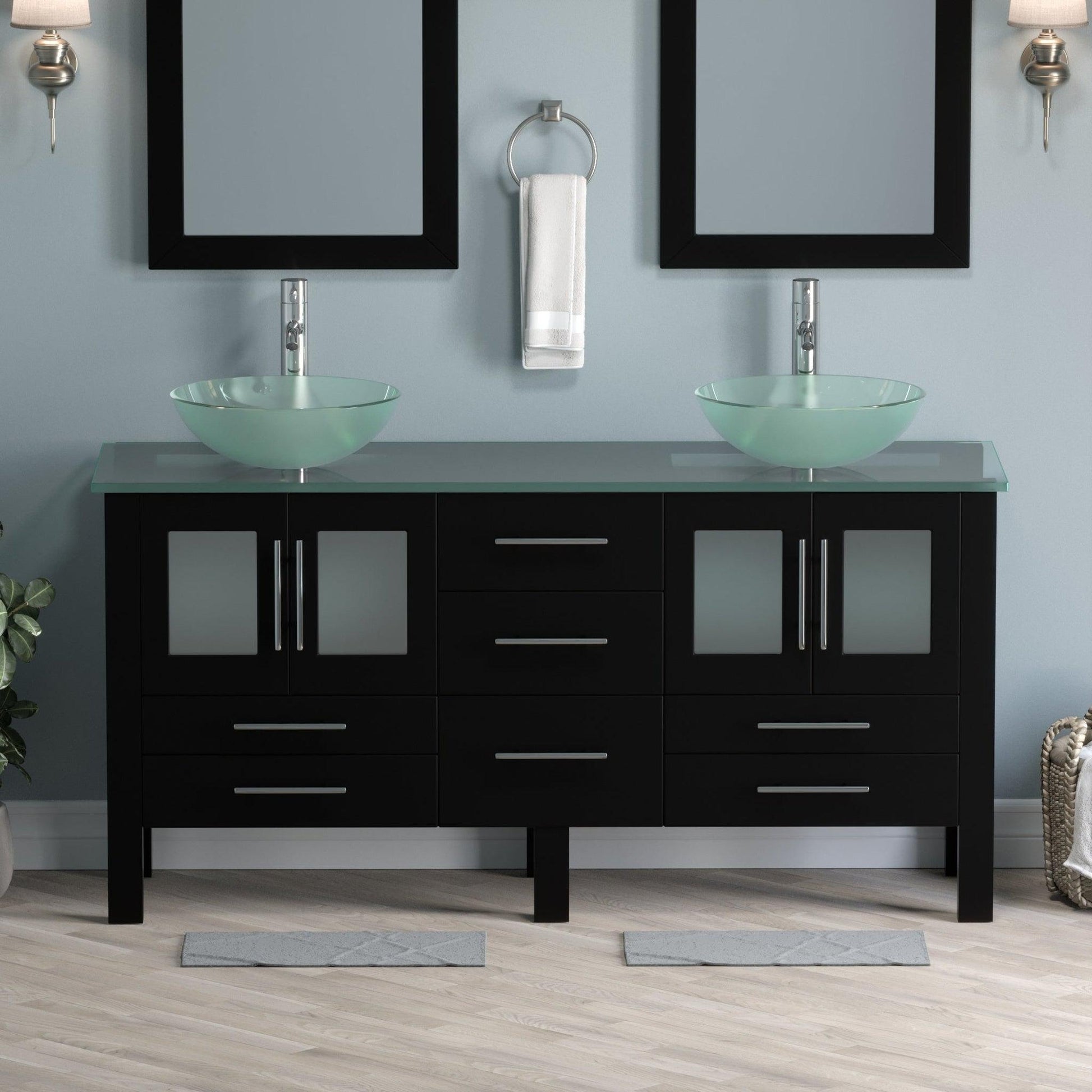 Cambridge Plumbing 63" Black Espresso Wood Double Vanity Set With Tempered Glass Countertop And Circular Vessel Sink With Polished Chrome Plumbing Finish