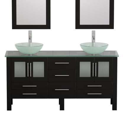 Cambridge Plumbing 63" Black Espresso Wood Double Vanity Set With Tempered Glass Countertop And Circular Vessel Sink With Polished Chrome Plumbing Finish