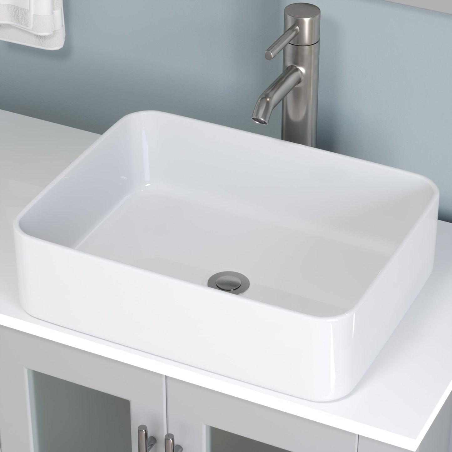 Cambridge Plumbing 63" Gray Wood Double Vanity Set With Porcelain Countertop And Rectangular Vessel Sink With Brushed Nickel Plumbing Finish