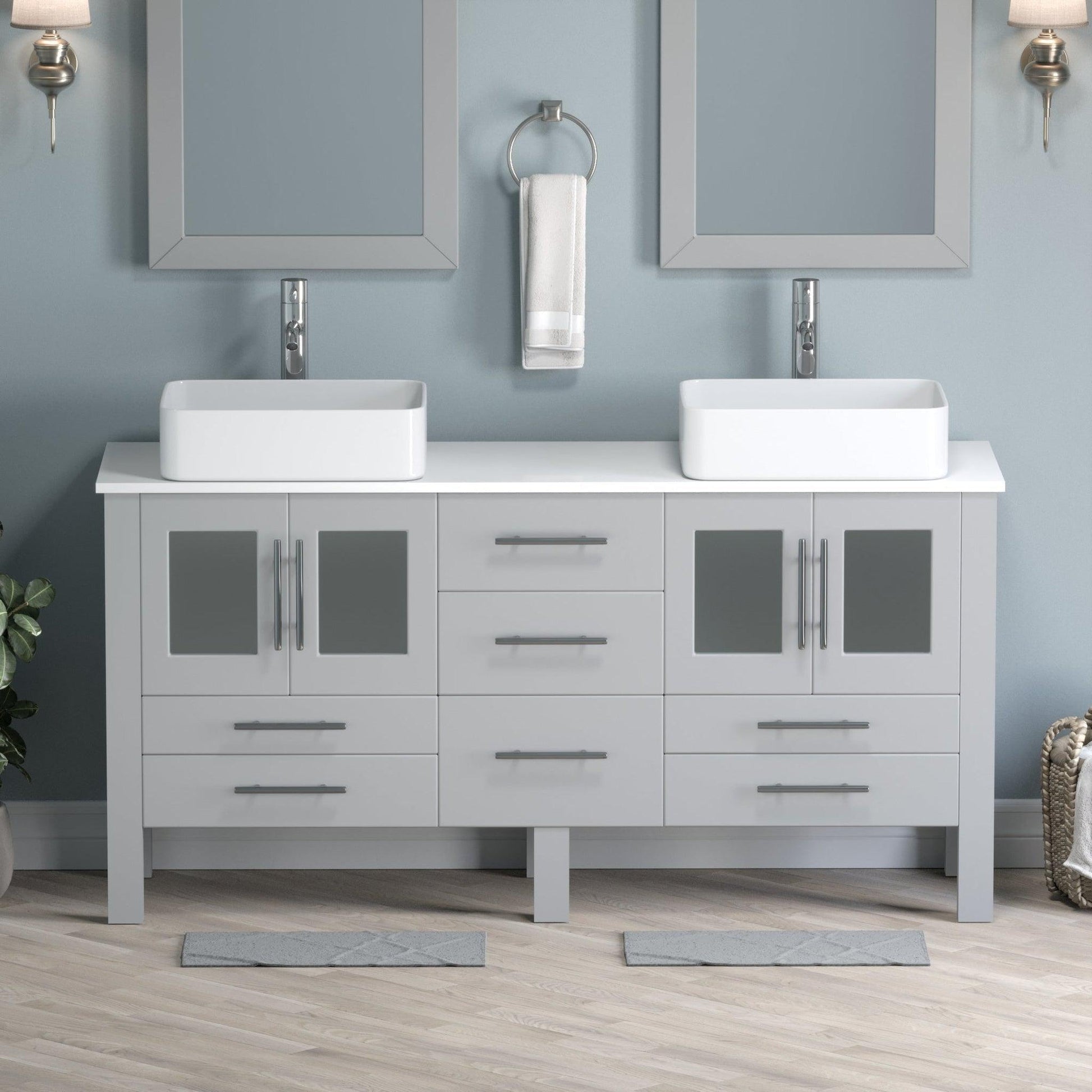 Cambridge Plumbing 63" Gray Wood Double Vanity Set With Porcelain Countertop And Rectangular Vessel Sink With Polished Chrome Plumbing Finish