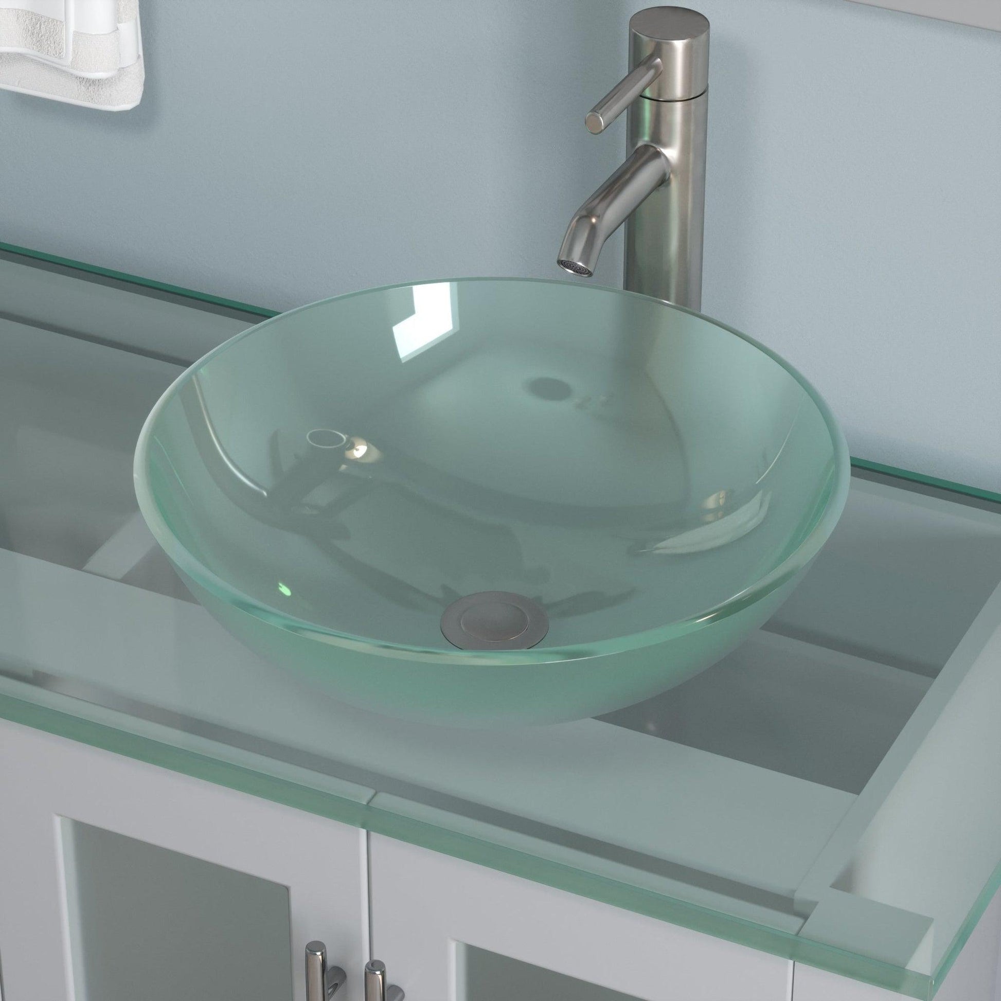 Cambridge Plumbing 63" Gray Wood Double Vanity Set With Tempered Glass Countertop And Circular Vessel Sink With Brushed Nickel Plumbing Finish